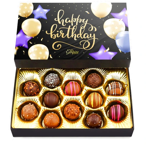 Empire Delights Happy Birthday Chocolates - 12 Assorted Milk & Dark Chocolate Truffles - Gourmet Box - Birthday Gifts for Women & Men, 6 oz
