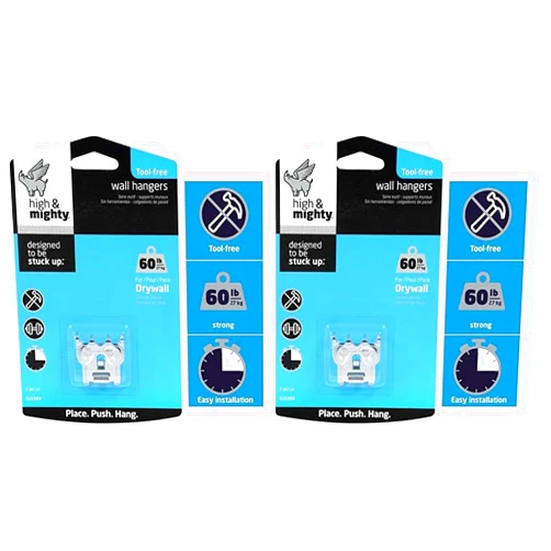 Hillman HIGH & MIGHTY 515303 Picture Hanger Set, Easy Tool-Free Dry Wall Art Hangers for Large Artwork, Photos, and Mirrors, Holds up to 60lbs, Steel , Silver (Pack of 2)