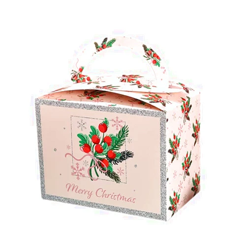 Fobeone Christmas Treat Boxes 10 PCS Xmas Pink Large Size Folding Paper Gift Boxes with Handles Candy Box Bakery Cookie Boxes Party Favors Boxes for Christmas Party Decorations Supplies,7.4X4.5X5.5in