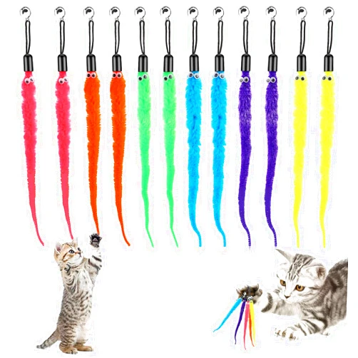 Molain Cat Wand Toy Replacement Refill -12 Pcs Furry Tail Worm with Bell Interactive Cat Chaser Toys, Kittens Wand Refills Attachments