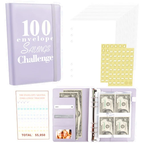 KINGHON 100 Envelopes Money Saving Challenge Binder - A5 Budget Binder with Cash Envelopes - $5,050 Saving Challenge Planner Book (Purple)