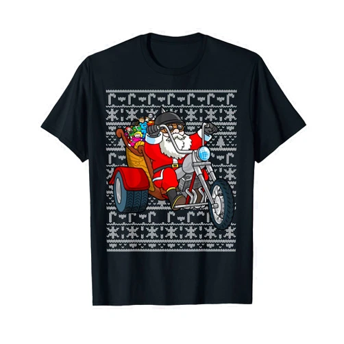 Ugly Christmas Sweater Pattern Men Women Dad Boys Santa Riding Motorcycle Ugly Christmas Biker Motorcycles T-Shirt