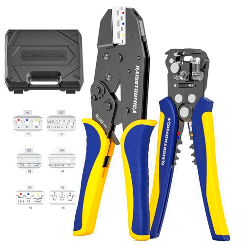 haisstronica 6 in 1 Crimping Tool Kit and Wire Stripper, Ratcheting Wire Crimper with 6 PCS Interchangeable Dies for Heat Shrink,Non-Insulated,Ferrule,Open Barrel,Insulated Connectors, men tool gifts