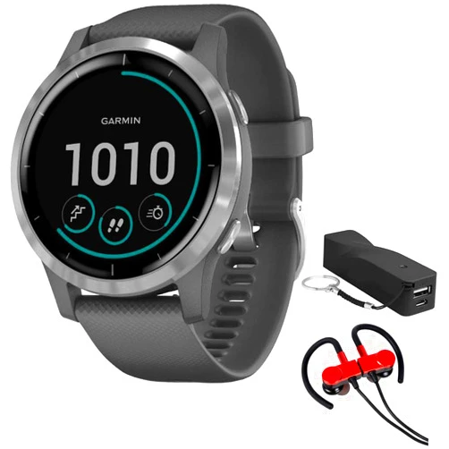 Garmin 010-02174-01 Vivoactive 4 Smartwatch, Shadow Gray/Stainless Bundle with Deco Gear Magnetic Wireless Sport Earbuds, Red with Carrying Case and Voltix Portable Charger Shadow Grey with Stainless Steel