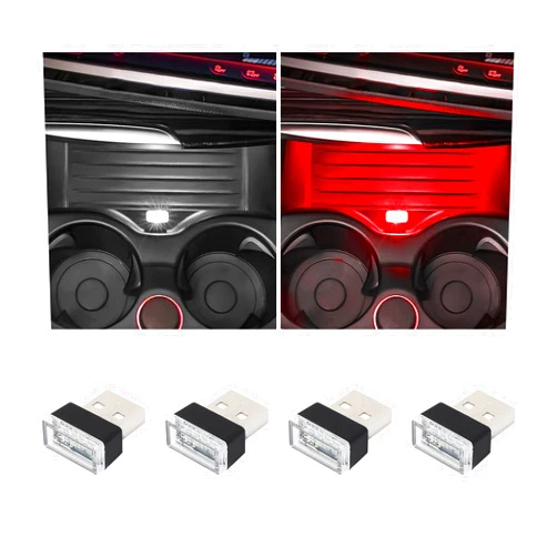 Ohleats 4PCS USB LED Car Interior Atmosphere Lamp, Mini Portable Auto Ambient Lighting Kit Charging with Plug-in USB, Car Accessories for Vehicle Night Lighting & Decoration (White+Red)