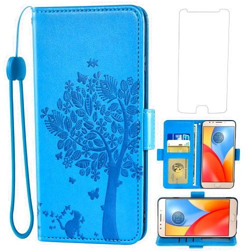 Asuwish Compatible with Moto E4 Plus Wallet Case and Tempered Glass Screen Protector Flip Wrist Strap Card Holder Cell Phone Cover for Motorola E Plus 4th Generation MotoE4 4E + E4+ E4Plus Men Blue