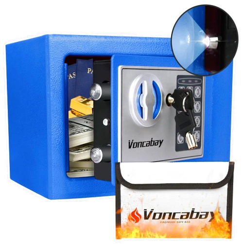 Voncabay Money Safe Box for Home with Sensor Light & Fireproof Security Safe Box for Money Safe with Keys & Pass Code, Lock Box Fireproof Safe with Digital Keypad Blue
