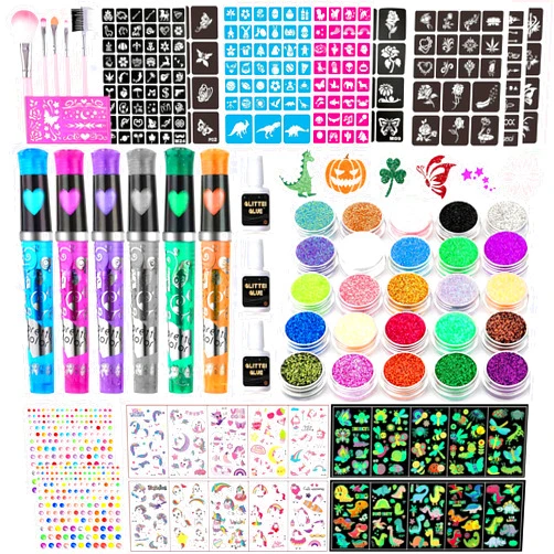 TEUVO Kids Glitter Tattoo Kit with 25 Colors, 225 Stencils, 6 Pens, 2 Rhinestone Sheets, 5Brushes, 3Glues, 20 Sheets Colorful & Glow-in-the-dark Mixed Temporary Tattoos Stickers for Halloween Birthday