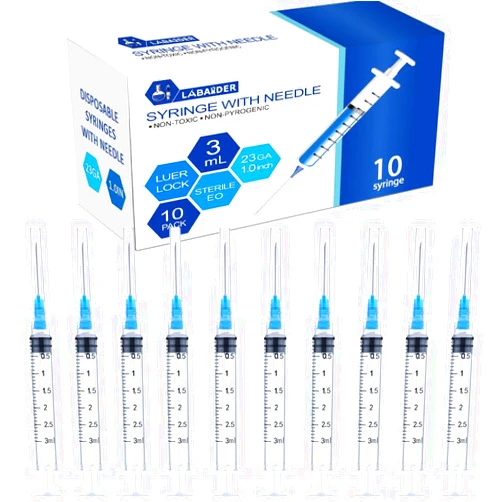 LabAider 10 Pack 3ml Syringes with Needle - 23G, 1.0 inch Needle Luer Lock Syringe Individually Packaged (3ml, 10)