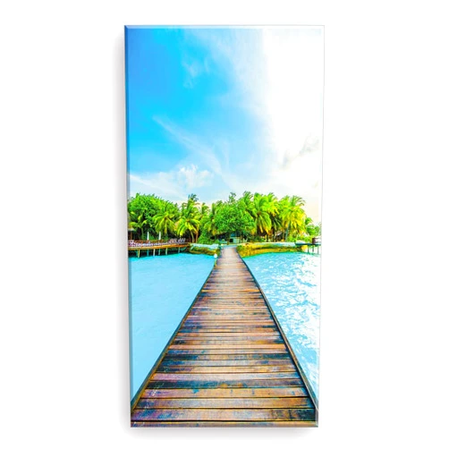 Piy Painting Beach Canvas Wall Art for Corridor, PIY Vertical Wharf Bridge to Tropical Island Picture with Blue Sky, Modern Relax Prints Artwork Aisle Decor (Waterproof, Bracket Mounted Ready to Hang)