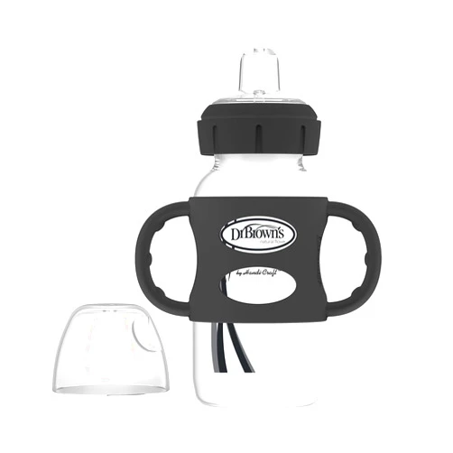 Dr. Brown's Milestones Wide-Neck Sippy Spout Bottle with 100% Silicone Handles, Easy-Grip Handles with Soft Sippy Spout, 9oz/270mL, Black, 1-Pack, 6m+