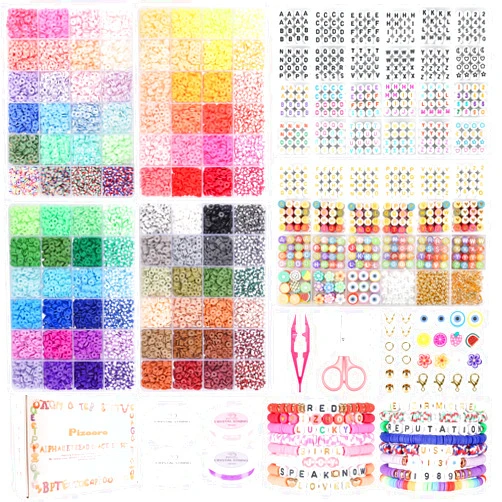 Pizooro Friendship Bracelet Kit with 96 Colors,13440 Clay Beads,1470 Letter Beads for Jewelry Making - 5 Styles of Round Alphabet, Number& Pattern Beads with 4 Elastic Strings, Crafts Gift for Kids Adults