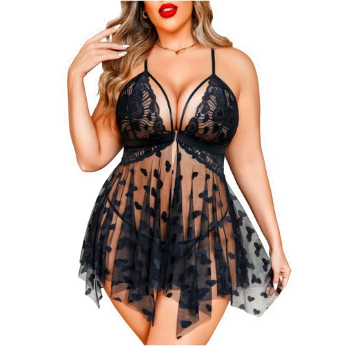 Avidlove Plus Size Lingerie Lace Babydoll Womens Teddy Chemise V Neck Nighty Mesh Sleepwear Front Slit Nightdress
