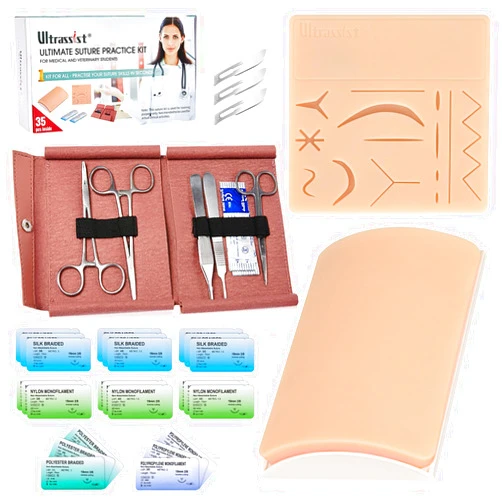 Ultrassist Complete Suture Practice Kit with Simulated Wounds Skin Pad, Self-Made Incision Buried Knot Training Pad, Instruments, Thread & Needles, for Nursing & Vet Students Camp Edu & Demo Only