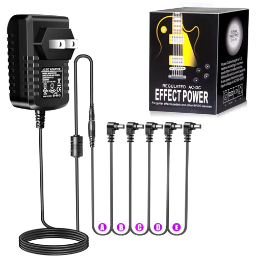 Godtone Guitar Pedal Power Supply Adapter 9V DC 1A 1000mA Tip Negative 5 Way Daisy Chain Cables for Guitar Effect Pedals