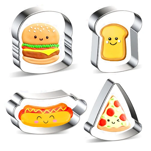 Xzhloym 4 Piece Xzhloym Cookie Cutters Set - Hamburger Burger Cheeseburger Hot Dog Toast Slice of Bread Pizza Food Shape Cookie Cutter Stainless Steel Molds for Flour Box Bakery Baking - DIY Gift for Women