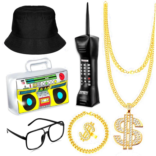GIFIKOI 80s 90s Hip Hop Costume Outfit Kit Mobile Phone Inflatable Radio Box Necklace Bracelet Ring Glasses Hat Rapper Costumes Accessories Set