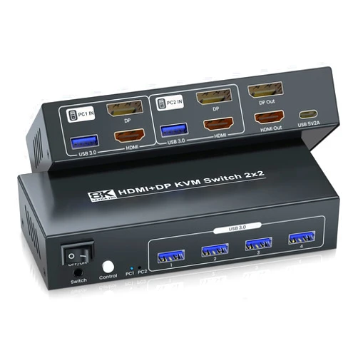 Mezcenoy 8K@60Hz 4K@120Hz HDMI + Displayport KVM Switch 2 Monitors 2 Computers, USB 3.0 Dual Monitor HDMI + DP KVM Switch for 2 PCs Share 2 Monitors and 4 USB 3.0 for Keyboard, Mouse, Printer and More