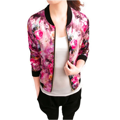 Allegra K Women's Stand Collar Zip Up Floral Print Bomber Jacket