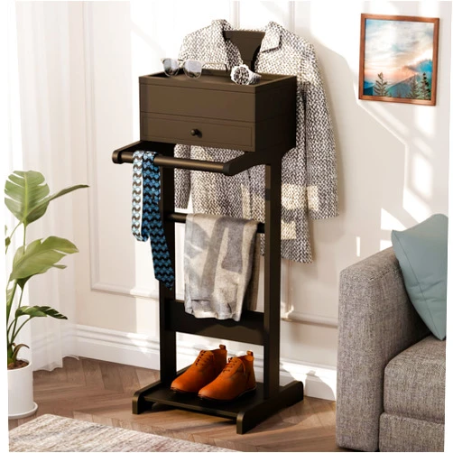 Generic Brefhome Wooden Valet Stand with Drawer & Tray, Clothing Rack for Men Women, Modern Garment Rack for Entryway, Bedroom, Commercial, Black