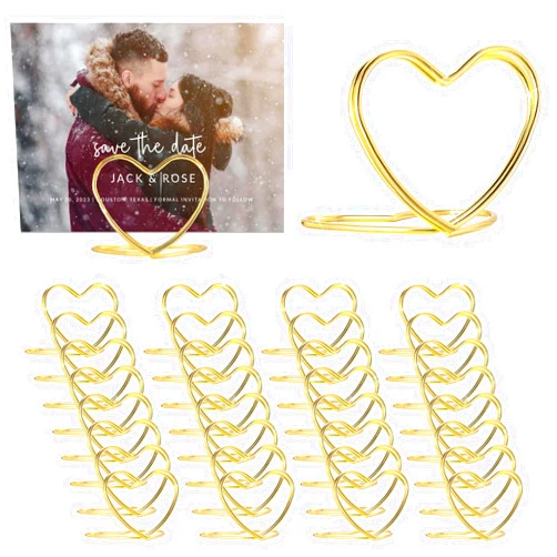 CUNGLIN Gold Table Number Place Card Holders 32 PCS, Heart Shape Photo Card Stand Business Card Card Holders for Wedding Party Mini PhotoPlaying Cards Holder Picture Menu Memo Clips