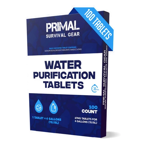 Primal Survival Gear Water Purifier Tablets –Water Purification Tablets for Emergency Water - Hiking, Camping, Survival, Emergency – Drinking Water Filtration System Survival Tabs - Purificador De Agua - 100 Tablets - 4G
