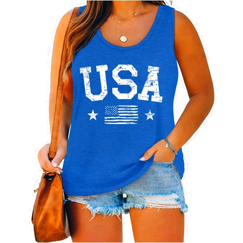 HQP Plus Size American Flag Shirts Women 4th of July Tank Tops Patriotic USA Sleeveless Graphic Tees Casual Plus Size Tops