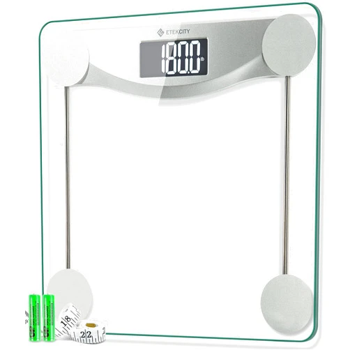 Etekcity Digital Body Weight Bathroom Scale, 440 Pounds, 6mm Tempered Glass Platform with Rounded Corner Design, Large Backlit LCD Display, Body Tape Measure Included 440LB Silver