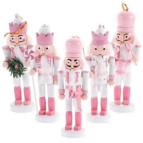 BEOSOFLOY Christmas Nutcracker Ornaments 5pcs Christmas Wooden Hanging Nutcrackers Pink Nutcrackers Soldier for Xmas Tree Decor