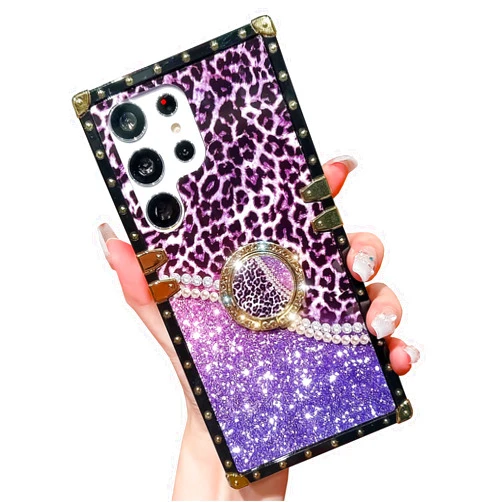 HALATUA Luxury Rectangle Edge Compatible with Samsung Galaxy S23 Ultra Case, Diamond Kickstand Holder Leopard Pattern Soft TPU Mil-Grade Shockproof Protective Cases Cover for Girls Women(Purple)