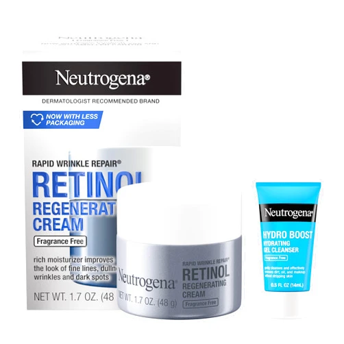 Neutrogena Rapid Wrinkle Repair Retinol Face Moisturizer, Fragrance Free, Anti-Aging Face Cream with Retinol & Hyaluronic Acid, 1.7 oz + Trial Size Hydro Boost Facial Cleanser, 0.5 fl. oz