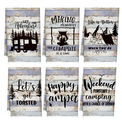Boyiee Set of 6 Camping Kitchen Towels Happy Camper Tea Towels Absorbent Farmhouse Dish Towels with Funny Sayings 24 x 16 Inches Camping Hand Towels for RV Campers Lovers Gifts Accessories Decorations