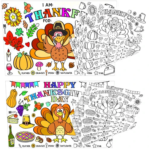 Tenee Coneedy 24 Sheets Fall Thanksgiving Table Mats Coloring Disposable Turkey Placemats DIY Paper Personalized Thanksful for Holidays School Parties Decoration