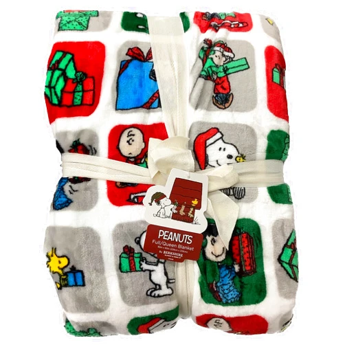 Berkshire Blanket & Home Co Peanuts Gang Christmas Velvet Soft Plush Throw Blanket (Christmas Blocks (Green, Gray, Red with Gifts), King 108x90)
