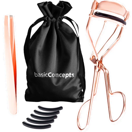 BASIC CONCEPTS Eyelash Curlers Kit (Rose Gold), Premium Lash Curler for Perfect Lashes, Universal Eye Lash Curler with 5 Eyelash Curler Refills, Eyelash Curler for Women, rizador de pestañas (Box Colors Vary)