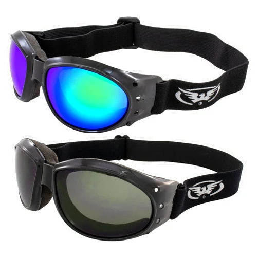 Global Vision Eliminator Padded Motorcycle Riding Goggles 2 Pair Black w/Smoke & Green Mirror Lenses
