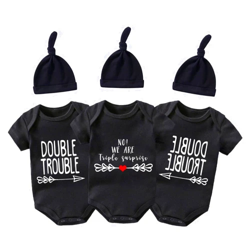 YSCULBUTOL Baby Twins Bodysuit Double Trouble Triplets Surprised Cute Baby Girl Bodysuit with Hat Set