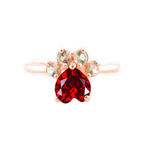 Handmade Dog Paw Statement Ring Heart Shape Garnet Ring Solid Gold Satcking Ring Animal Lover Jewelry Pet Memorial Gift For Family January Birthstone BY ABEST JEWELRY