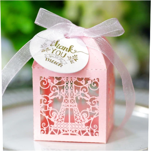 Steedna 50 Pack Eiffel Tower Candy Boxes Hollowed Out Laser Cut Flowers Wedding Party Favors Chocolate Boxes Ideal for Weddings, Birthdays and Anniversaries (Pink)