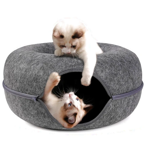 Bininl Cat Tunnel,Peekaboo Cat Cave Bed for Indoor Cats,Cat Donut Tunnel for Pet Cat House,Detachable Round Cat Felt & Washable Interior Cat Play Tunnel (20 Inch, Dark Grey)