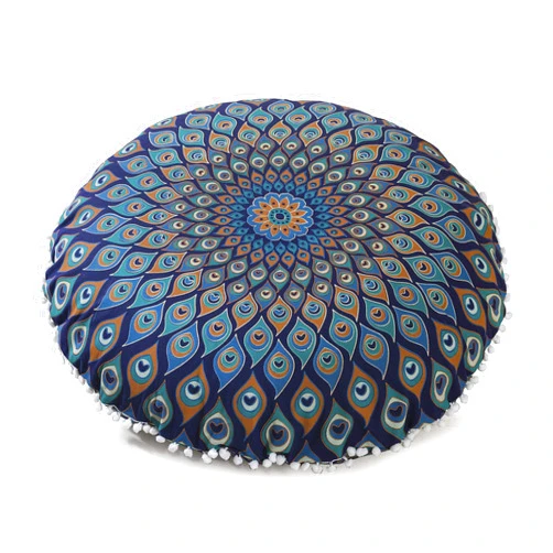 Popular Handicrafts Floor Pillow Cushion Cover - Hippie Mandala Peacock Pouf Cover with Pom Pom Soft Particles, Bohemian Yoga Decor Floor Cushion Case, 32