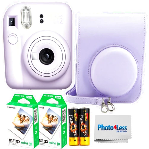 Fujifilm Instax Mini 12 Instant Film Camera Lilac Purple, Fujifilm Instax Mini Twin Pack Instant Film 20 Sheets, Case, Accessory Bundle