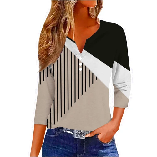Generic Fall Tshirts for Women,Women's 3/4 Length Sleeve T Shirts Button Down Henley V Neck Casual Tops Plus Size Boho Blouses