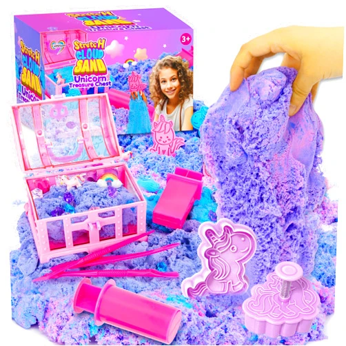 Carolart Unicorn Stretchy Cloud Sand,Blue & Pink Play Sand,Treasure Chest with Sensory Sand,Stretchable,Moldable,Expandable Cloud Slime,Tactile Fun Sensory Kit, Sensory Toys for Kids Ages 3+