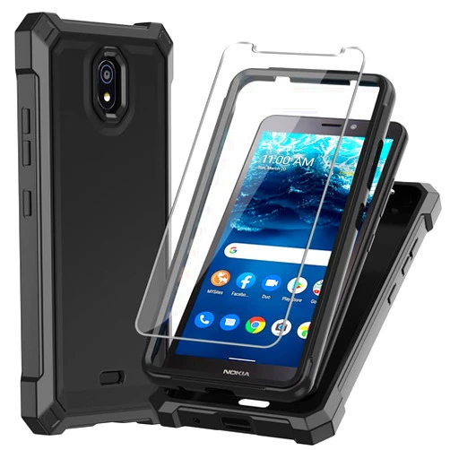 HAIJ for Nokia C100 case, with Tempered Glass Screen Protector 360 Full-Body Soft TPU Bumper Shockproof Silicone Protective Phone Cover Case for Nokia C100 N152DL (Black)