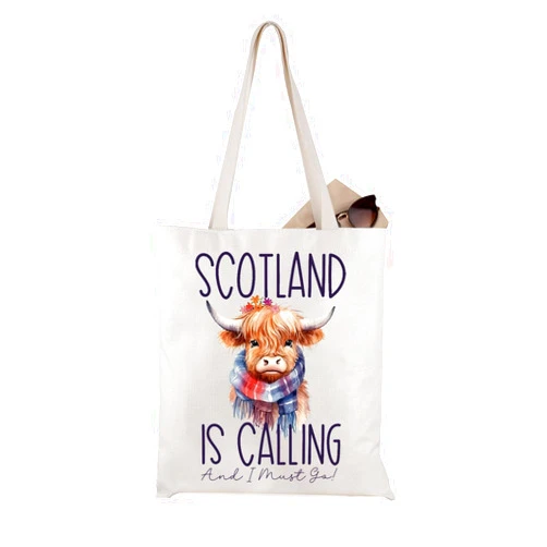 WCGXKO Highland Cow Scottish Tote Bag - Scotland Travel Gift (Scotland Calling)