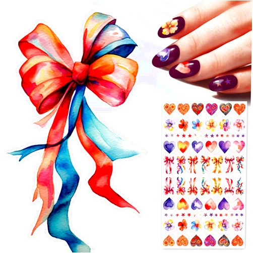 Flonz Nail Stickers Decals (5 Sheets) FLONZNAIL Incredible Watercolour Paintings of Bows, Hearts and Flowers Vintage Styled Nail Decor