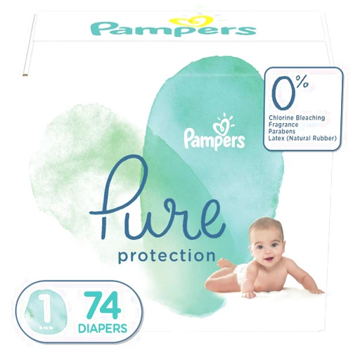 Pampers Diapers Newborn/Size 1 (8-14 lb), Pure Protection Disposable Baby Diapers, Hypoallergenic and Unscented Protection, Super Pack (Old Version), Size 1, 74 Count
