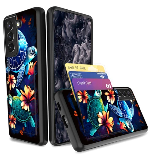 JHYYTUJTYP for Galaxy S22 Plus Case,Wallet Case Credit Card Holder Flip Case Full Body Protective Soft Hybrid TPU Hard Durable Shockproof for Samsung Galaxy S22 Plus 5G 6.6 inch,Sea Turtle with Flower