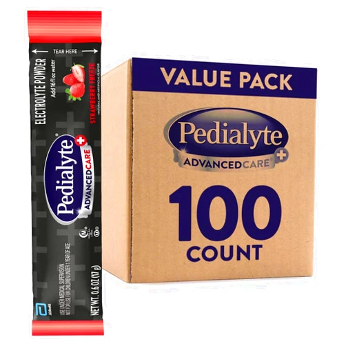 Pedialyte AdvancedCare Plus Electrolyte Powder, Strawberry Freeze, Has PreActiv Prebiotics, Electrolyte Drink, 100 Single-Serving Powder Packets